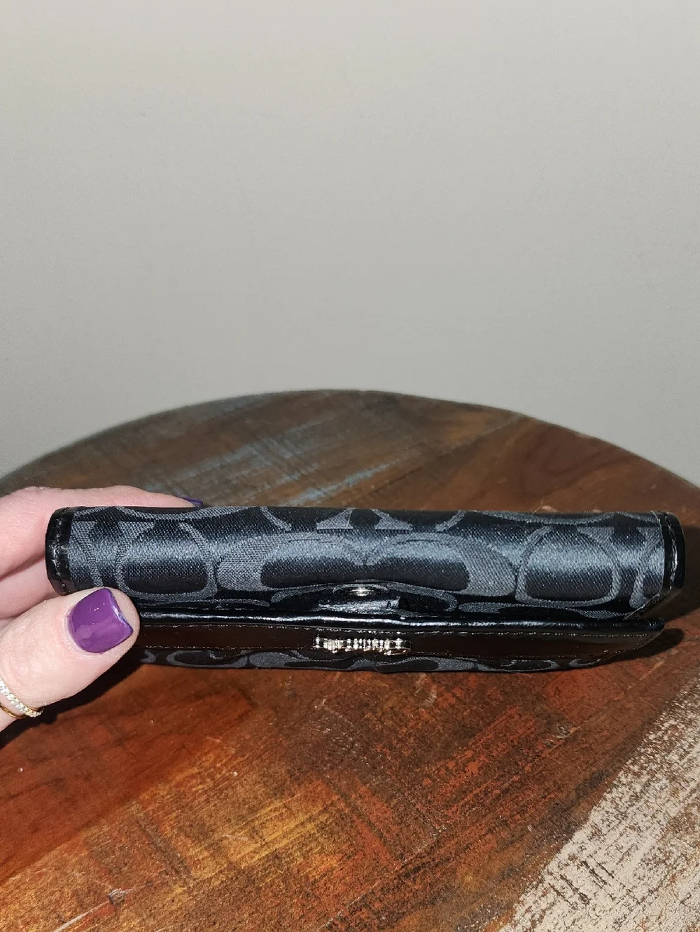 Coach Black Signature Compact Trifold Leather Wallet